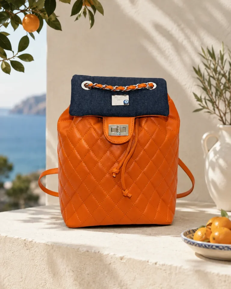 Quilted backpack by Monica Zuccheri in Blood Orange Ohoskin Salina with a dark denim flap, woven chain detail and twist-lock closure, on a stone ledge above the sea