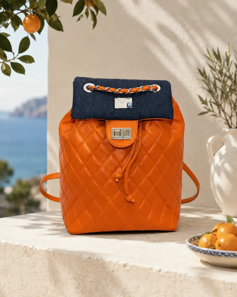 Quilted backpack by Monica Zuccheri in Blood Orange Ohoskin Salina with a dark denim flap, woven chain detail and twist-lock closure, on a stone ledge above the sea