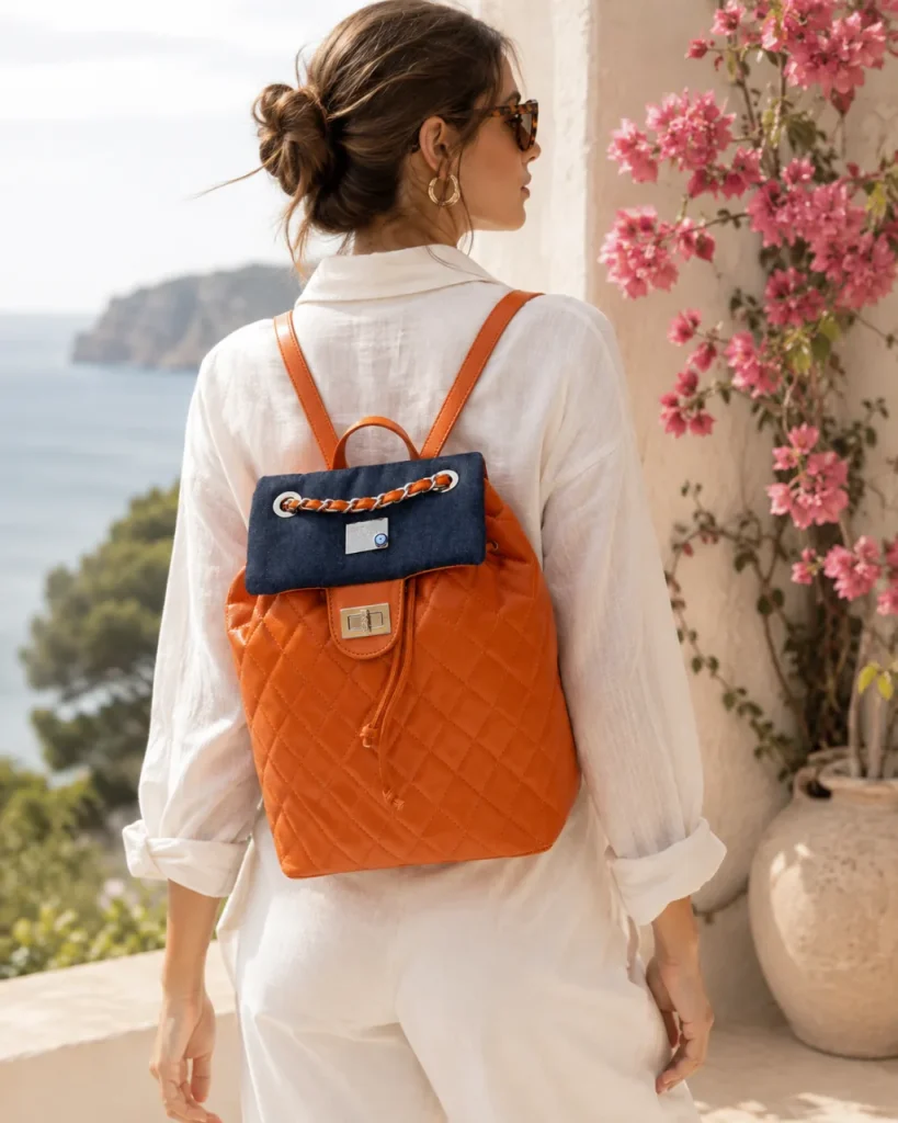 Woman wearing the quilted Blood Orange backpack by Monica Zuccheri with its denim flap, seen from behind on a Mediterranean terrace