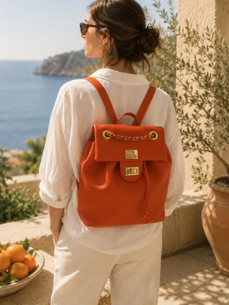 Woman in white linen wearing the smooth Blood Orange backpack by Monica Zuccheri, seen from behind with the sea in the background
