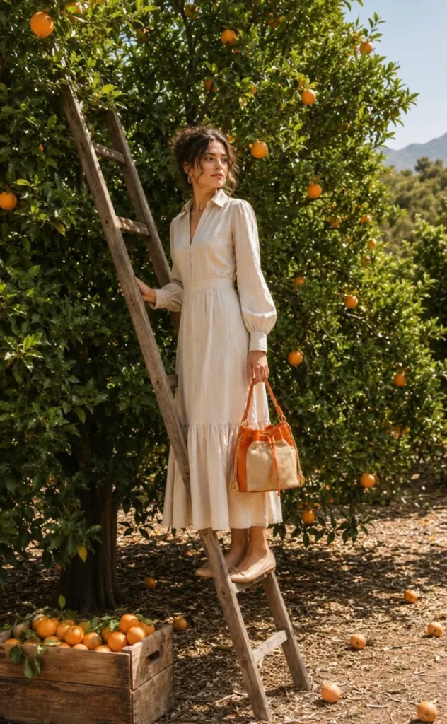 Woman on a wooden ladder in an orange grove holding the orange bucket bag by Monica Zuccheri with raffia panels and gold chain