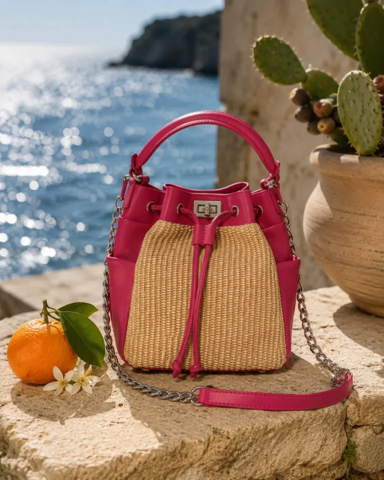 Bucket bag by Monica Zuccheri in Pink Valentino Ohoskin vegan leather with natural raffia panels, drawstring closure and silver chain strap, on a stone ledge above the Mediterranean sea