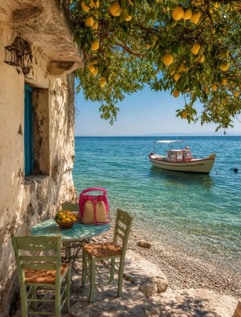 Pink Valentino bucket bag by Monica Zuccheri resting on a table by the sea, with a lemon tree, a fishing boat and a bowl of citrus fruit