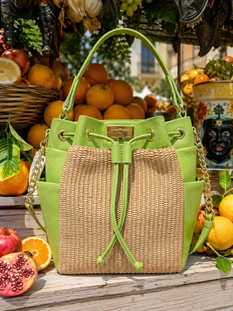 Bucket bag by Monica Zuccheri in green Ohoskin vegan leather with natural raffia panels and gold-tone chain strap, on a Sicilian market stall