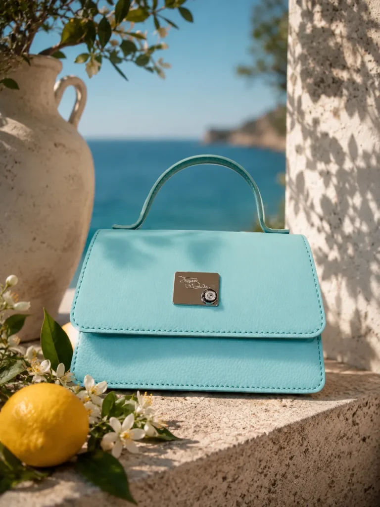 Mini bag by Monica Zuccheri in Ohoskin Salina, Tiffany blue vegan leather with top handle, magnetic closure and silver-tone logo plate, on a stone ledge above the sea with lemons