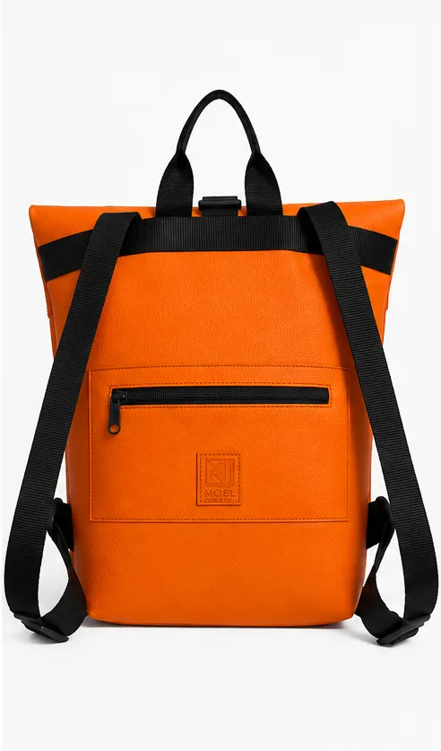 Back view of the MOEL backpack showing the shoulder straps, the horizontal zipped pocket and the embossed MOEL logo