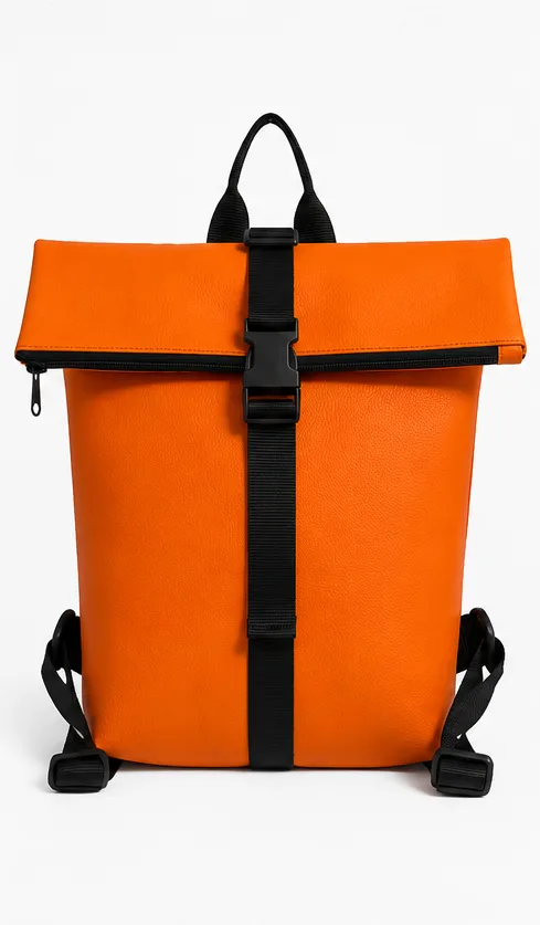 Front view of the MOEL backpack in Blood Orange on a plain background, showing the rolled top flap held by a black webbing strap and buckle