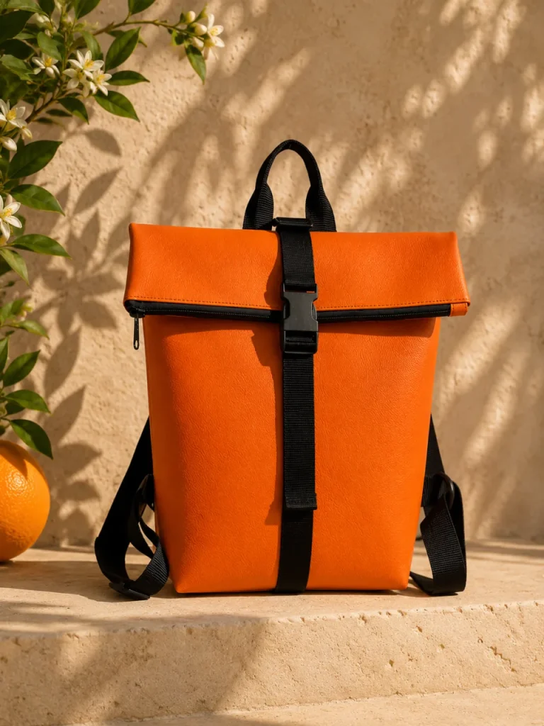 MOEL roll-top backpack in Blood Orange Ohoskin Salina with black webbing straps and buckle, against a sunlit stone wall with orange blossom