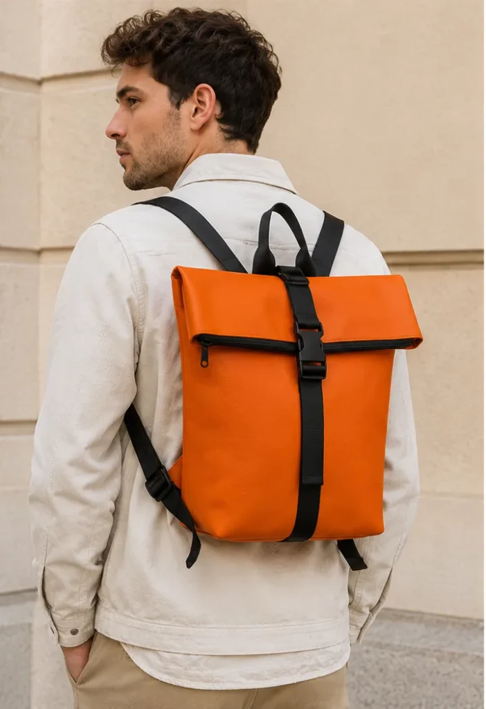 Man in a beige jacket seen from behind wearing the Blood Orange MOEL backpack in front of a stone wall