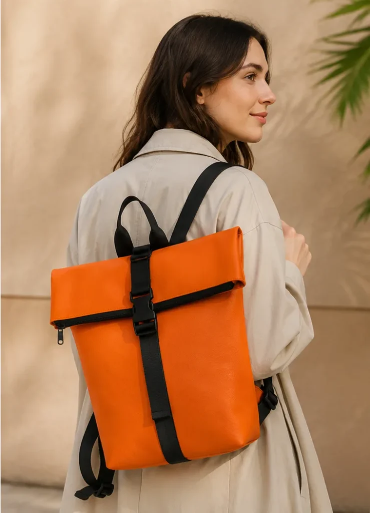 Woman in a beige trench coat seen from behind wearing the Blood Orange MOEL backpack, with a palm frond in the background