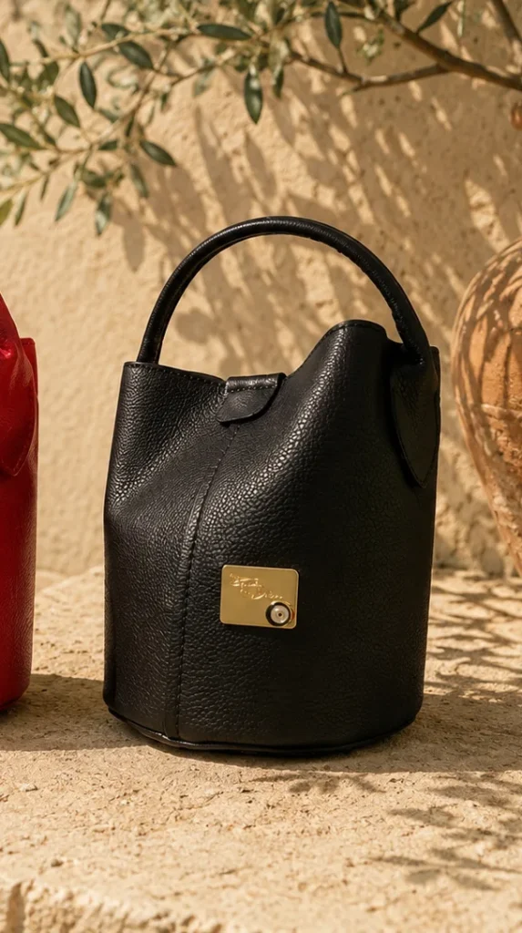 Small bucket bag by Monica Zuccheri in black Ohoskin vegan leather with gold-tone logo plate and top handle