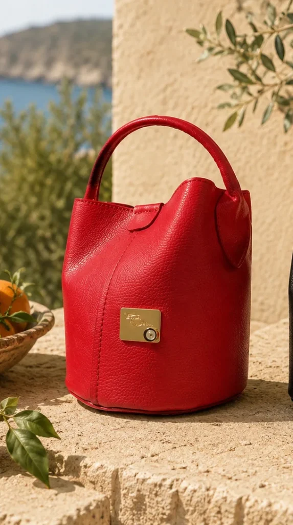 Small bucket bag by Monica Zuccheri in red Ohoskin vegan leather with gold-tone logo plate and top handle