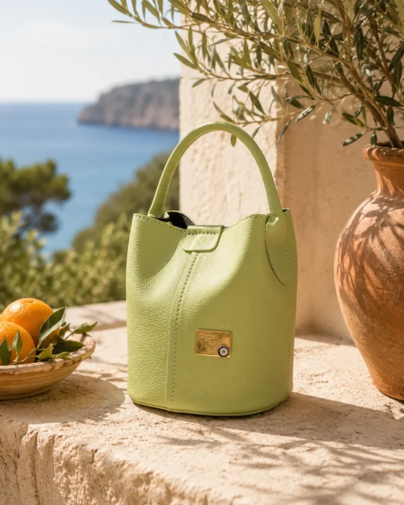 Small bucket bag by Monica Zuccheri in Ohoskin Salina, Pistachio Green vegan leather with gold-tone logo plate, on a stone ledge overlooking the Mediterranean sea