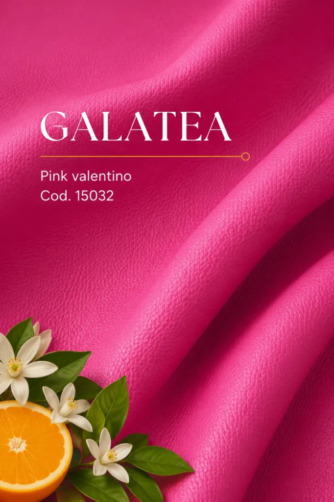 Close-up of Ohoskin Galatea vegan leather in Pink Valentino, code 15032, with orange blossom and a slice of orange