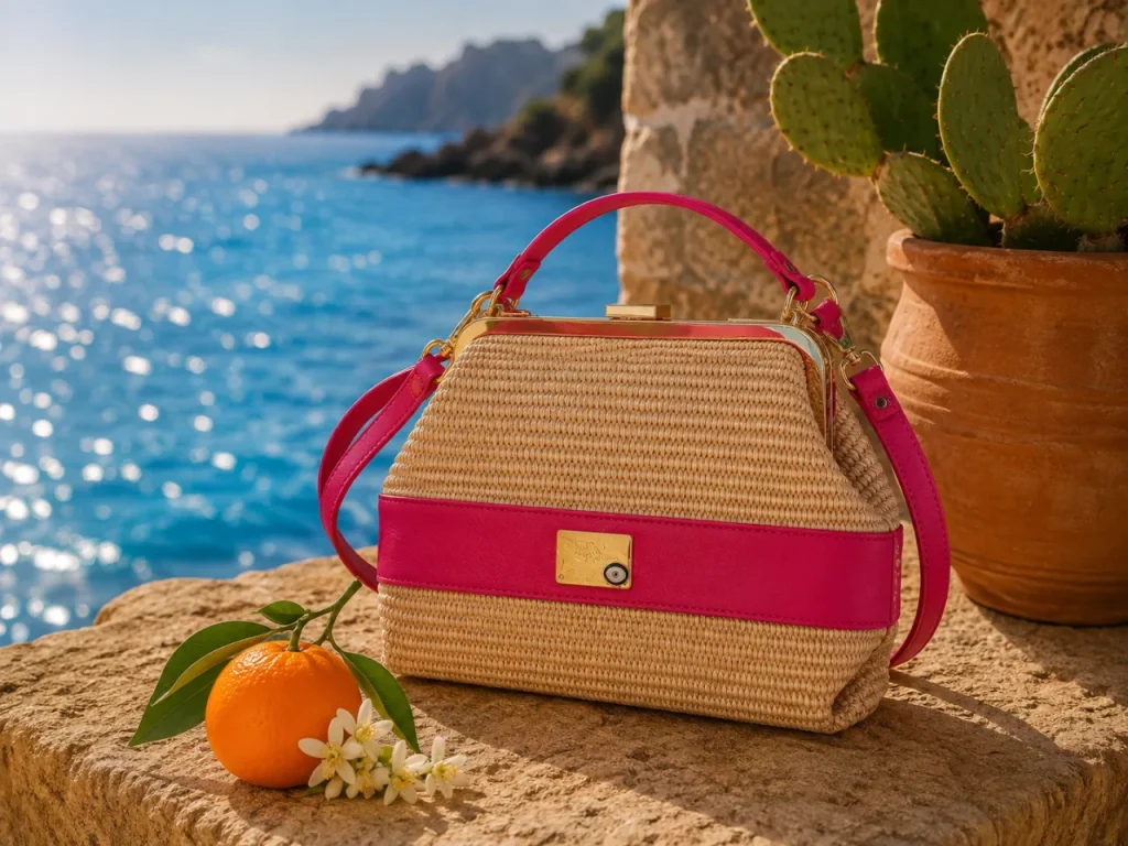 Vintage bag by Monica Zuccheri in Pink Valentino Ohoskin Galatea and natural raffia, with gold kiss-lock closure, on a stone ledge overlooking the Mediterranean sea